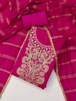 Suha - Chanderi Silk Pink Unstitched Kurta with Unstitched Pant and Dupatta