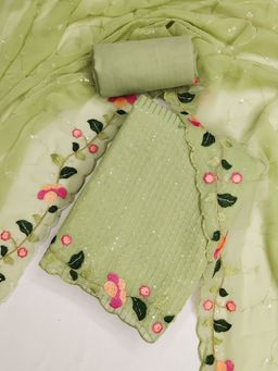 Suha - Georgette Fabric Olive Unstitched Kurta with Unstitched Pant and Dupatta