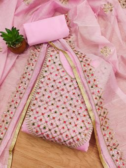 Suha - Chanderi Silk Pink Unstitched Kurta with Unstitched Pant and Dupatta