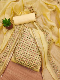 Suha - Chanderi Silk Yellow Unstitched Kurta with Unstitched Pant and Dupatta
