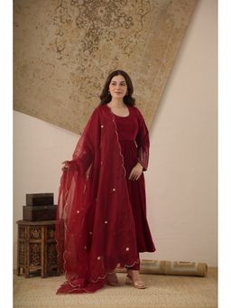 ONEWE INDIA - Women Embroidered Velvet Anarkali Kurta with Pant and Dupatta