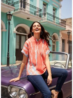 Maaesa - Women Casual Rayon Tie and Dye Regular Fit Short Sleeves Peach Top