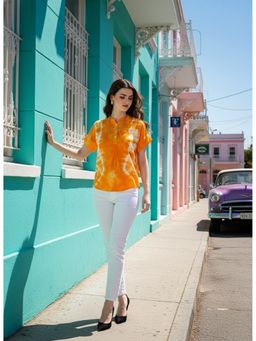 Maaesa - Women Casual Rayon Tie and Dye Regular Fit Short Sleeves Yellow Top