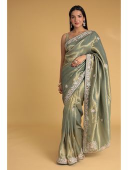 Zari Jaipur - Silk Chinon with Embroidery Work Saree with Unstitched Blouse