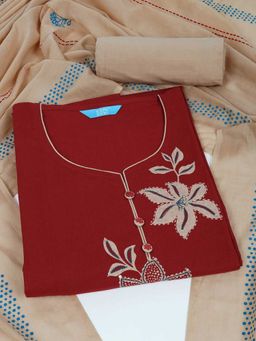 Kami Kubi - Floral Embroidered Maroon Unstitched Kurta with Unstitched Pant and Dupatta