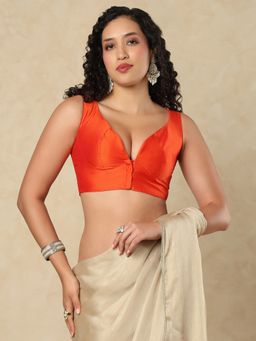 SALWAR STUDIO - Taffeta Plunging Neck Sleeveless Readymade Orange Blouse