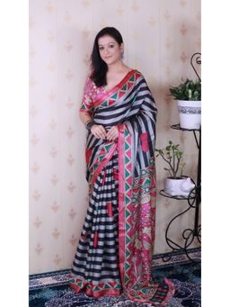 ELITE WEAVES - Grey Striped Printed Zari Woven Saree with Unstitched Blouse