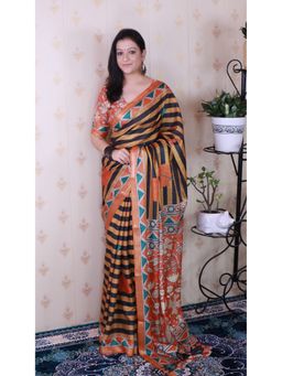 ELITE WEAVES - Mustard Tussar Silk Striped Printed Zari Woven Saree with Unstitched Blouse