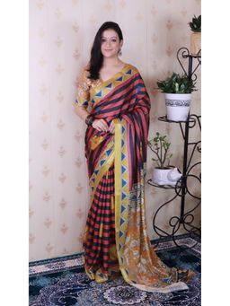 ELITE WEAVES - Red Tussar Silk Striped Printed Zari Woven Saree with Unstitched Blouse