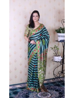 ELITE WEAVES - Blue Tussar Silk Striped Printed Zari Woven Saree with Unstitched Blouse