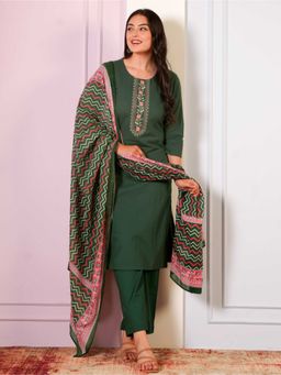ARAMYA - Women Solid Pure Cotton Kurta with Pant and Dupatta