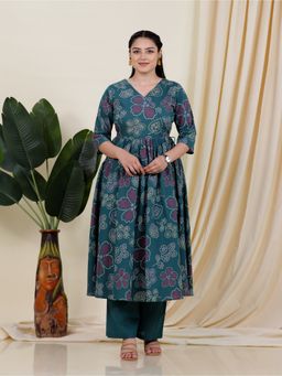 ARAMYA - Women Floral Pure Cotton Angrakha Kurta with Palazzo