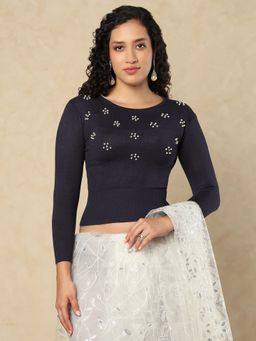 SALWAR STUDIO - Round Neck Full Sleeves Winter Navy Blue Stretchable Blouse