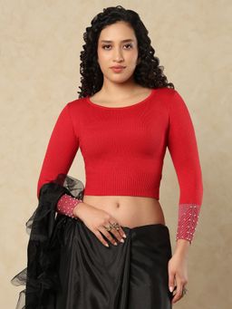 SALWAR STUDIO - Round Neck Full Sleeves Winter Red Stretchable Blouse