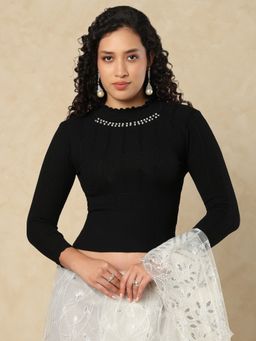 SALWAR STUDIO - Ruffled Neck Full sleeves Winter Black Stretchable Blouse