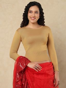 SALWAR STUDIO - Round Neck Full Sleeves Winter Beige Stretchable Blouse