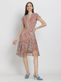 SHAYE - Beige Printed A-Line Knee Length Dress