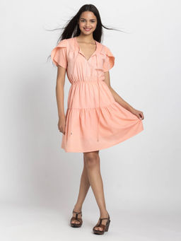 SHAYE - Peach Embroidered A-Line Knee Length Dress