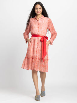 SHAYE - Red Printed A-Line Knee Length Dress and Belt
