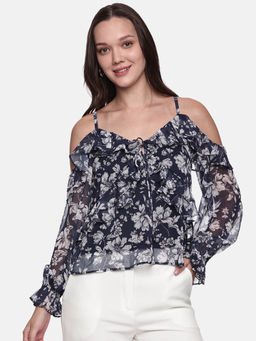 IS.U - Navy Blue Printed Regular Fit Top