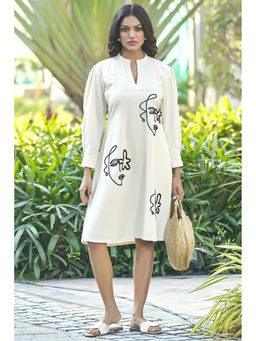 Curvy Lane - Off White Embroidered A-Line Knee Length Dress