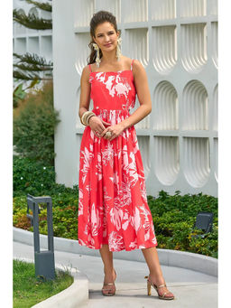 Curvy Lane - Coral Printed A-Line Midi Dress