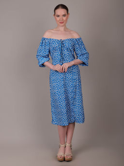 IKI CHIC - Blue Printed A-Line Midi Dress