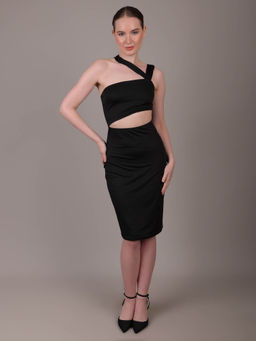 IKI CHIC - Black Solid Bodycon Knee Length Dress