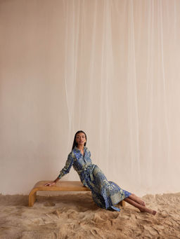 Style Island - Blue Printed A-Line Midi Dress and Belt