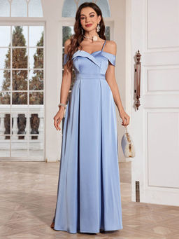 Outzidr - Blue Satin Off Shoulder Gown with Strap Detailing