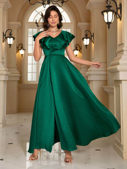 Outzidr - Green Ruffle Neck A-Line Satin Maxi Party Dress