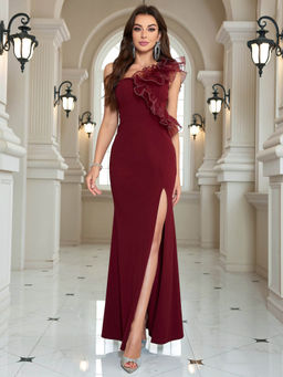 Outzidr - Wine Organza Ruffle One Shoulder Fitted Maxi Party Dress with Slit