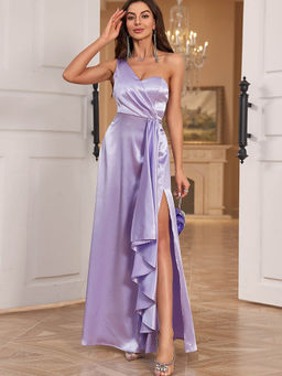 Outzidr - Purple One Shoulder Satin Maxi Party Dress with Side Slit