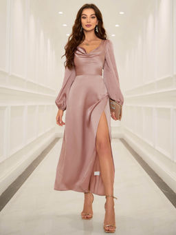 Outzidr - Nude Maxi Party Dress With Slit And Cowl Neck Detail