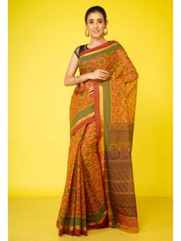 Unnati Silks - Mustard Pure Hand Block Printed Cotton Saree with Unstitched Blouse