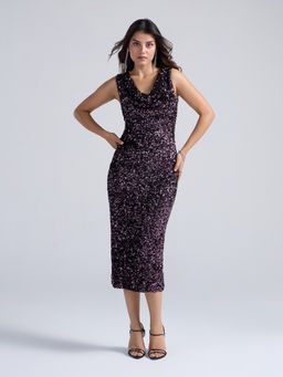 Twenty Dresses by Nykaa Fashion - Purple Sequin Cowl Neck Midi Dress