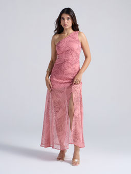 Twenty Dresses by Nykaa Fashion - Rose Pink Floral One Shoulder Thigh Slit Maxi Dress