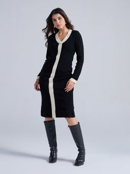 Twenty Dresses by Nykaa Fashion - Black V Neck Full Sleeves Contrast Detail Midi Dress