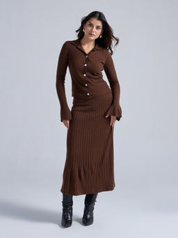 Twenty Dresses by Nykaa Fashion - Brown Flute Sleeves Top and High Waist Midi Skirt Co Ord Set