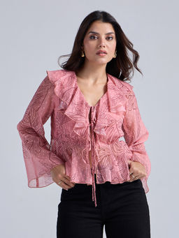 Twenty Dresses by Nykaa Fashion - Rose Pink Floral Ruffled V Neck Bell Sleeves Peplum Top