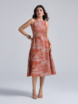 Twenty Dresses by Nykaa Fashion - Burnt Orange Abstract Sleeveless Back Cutout A Line Midi Dress