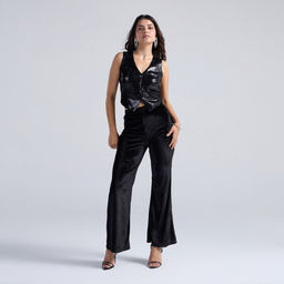 Twenty Dresses by Nykaa Fashion - Black Sequin V Neck Buttoned Down Waistcoat