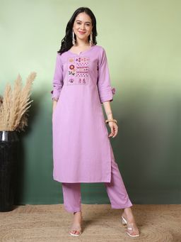 ANAISA - Lavender Round Neck Embroidered Kurta and Pant