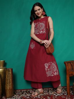 ANAISA - Maroon Round Neck Embroidered Kurta and Palazzo