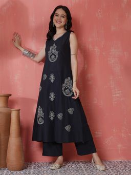ANAISA - Blue V-Neck Embroidered Kurta and Palazzo