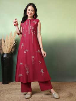 ANAISA - Red Mandarin Neck Embroidered Kurta and Palazzo