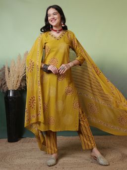 ANAISA - Mustard V-Neck Embroidered Kurta and Pant with Dupatta