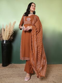ANAISA - Brown V-Neck Embroidered Kurta and Pant with Dupatta