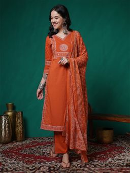 ANAISA - Orange V-Neck Embroidered Kurta and Pant with Dupatta