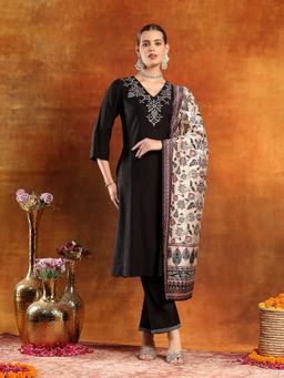 Nayam by lakshita - Black V-Neck Embroidered Kurta and Pant with Dupatta